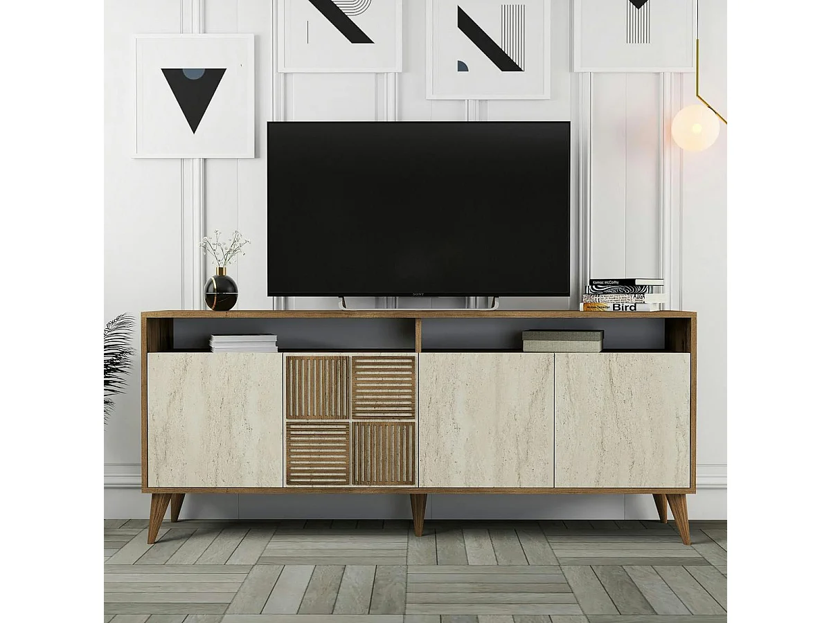 Buffet moderne effet bois et travertin 4 portes 2 niches UMEA