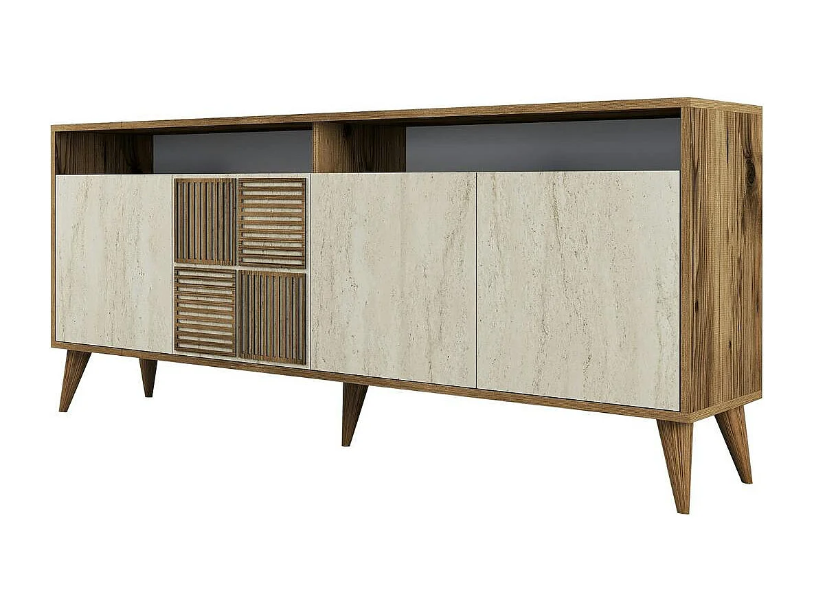 Buffet moderne effet bois et travertin 4 portes 2 niches UMEA