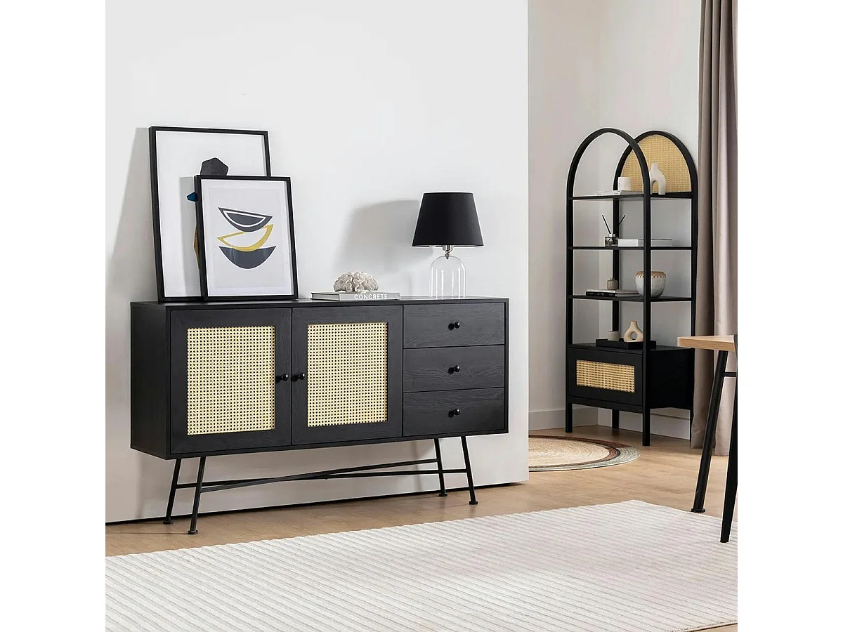 Buffet noir bohème avec cannage, 2 portes 3 tiroirs VAREN