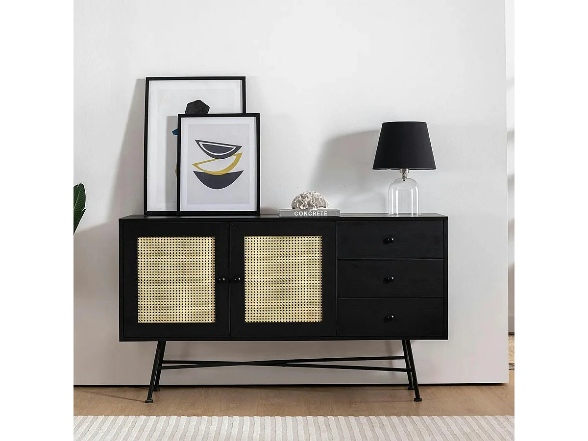 Buffet noir bohème avec cannage, 2 portes 3 tiroirs VAREN