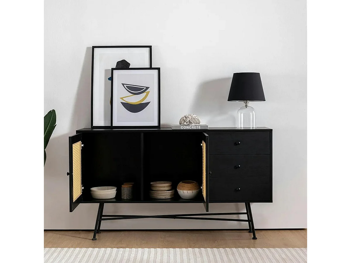 Buffet noir bohème avec cannage, 2 portes 3 tiroirs VAREN