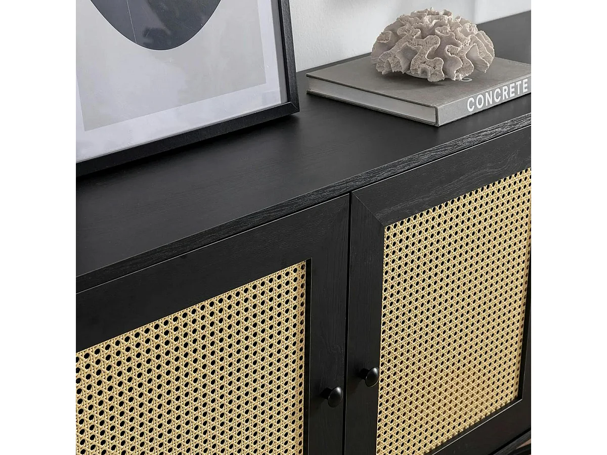 Buffet noir bohème avec cannage, 2 portes 3 tiroirs VAREN