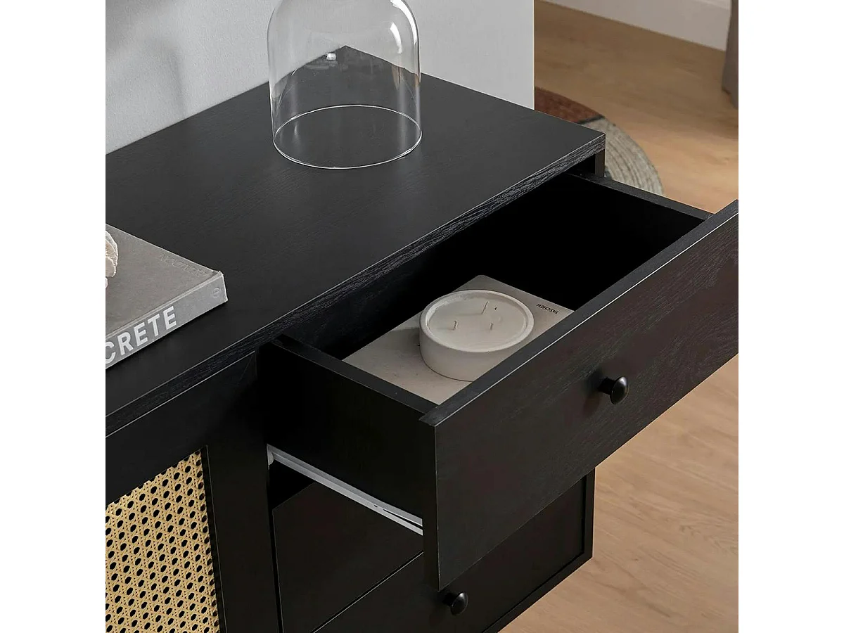 Buffet noir bohème avec cannage, 2 portes 3 tiroirs VAREN