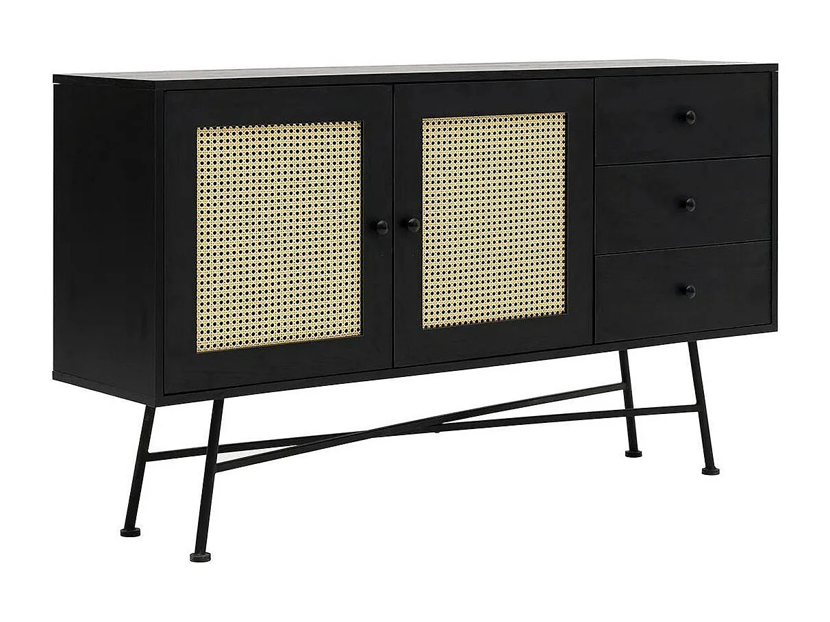 Buffet noir bohème avec cannage, 2 portes 3 tiroirs VAREN