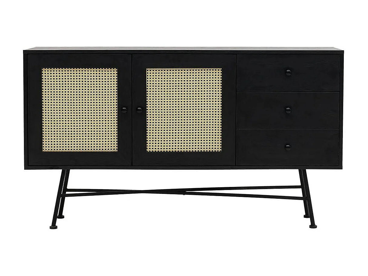 Buffet noir bohème avec cannage, 2 portes 3 tiroirs VAREN