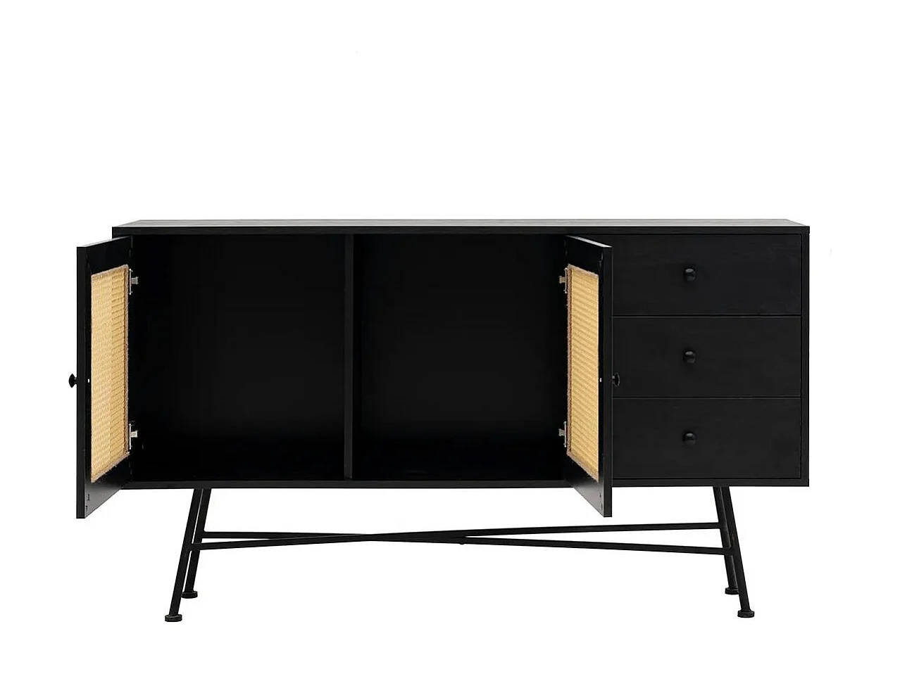 Buffet noir bohème avec cannage, 2 portes 3 tiroirs VAREN