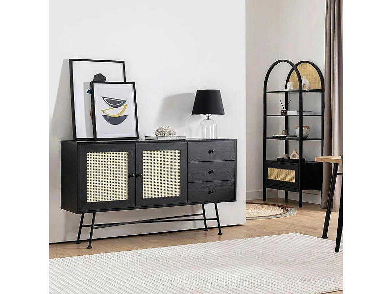 Buffet noir bohème avec cannage, 2 portes 3 tiroirs VAREN