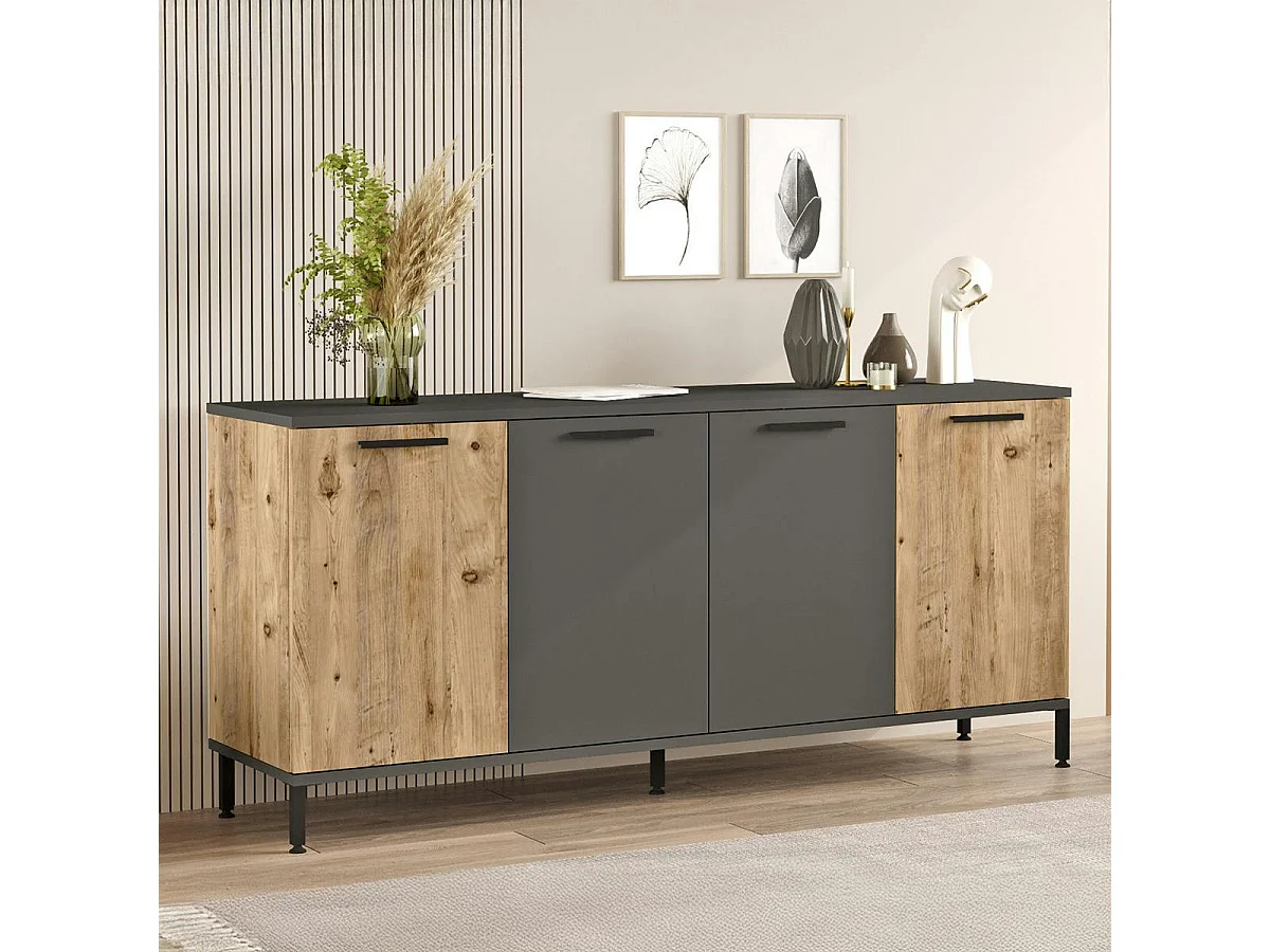 Buffet moderne 4 portes effet bois et anthracite JENA