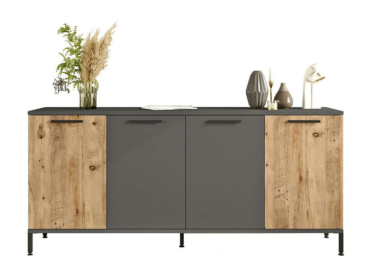 Buffet moderne 4 portes effet bois et anthracite JENA
