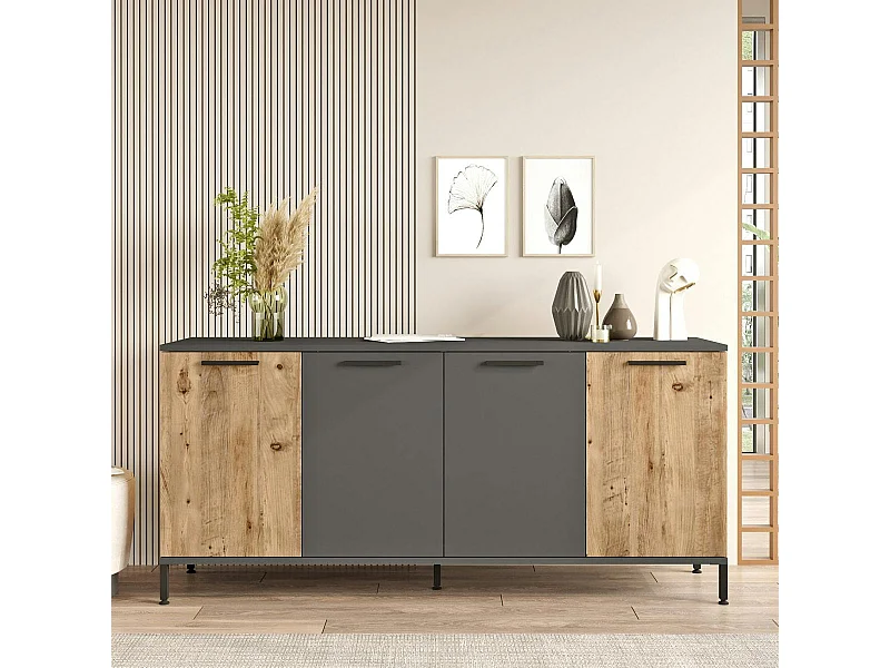 Buffet moderne 4 portes effet bois et anthracite JENA