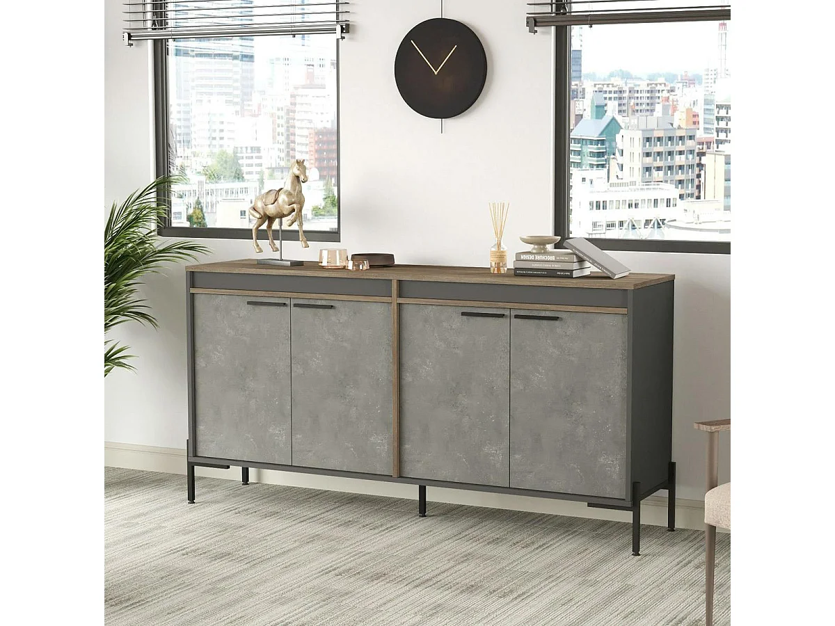 Buffet moderne 4 portes décor bois foncé, béton et gris JENA