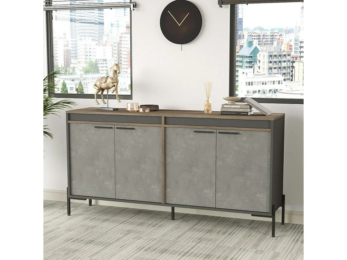 Buffet moderne 4 portes décor bois foncé, béton et gris JENA