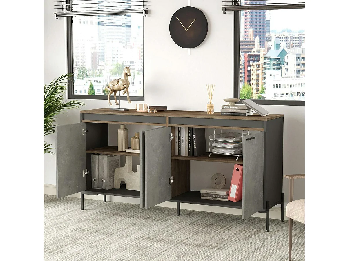 Buffet moderne 4 portes décor bois foncé, béton et gris JENA
