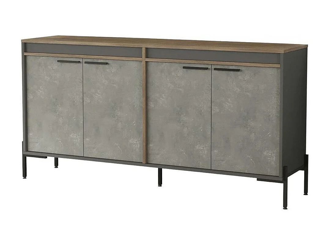 Buffet moderne 4 portes décor bois foncé, béton et gris JENA