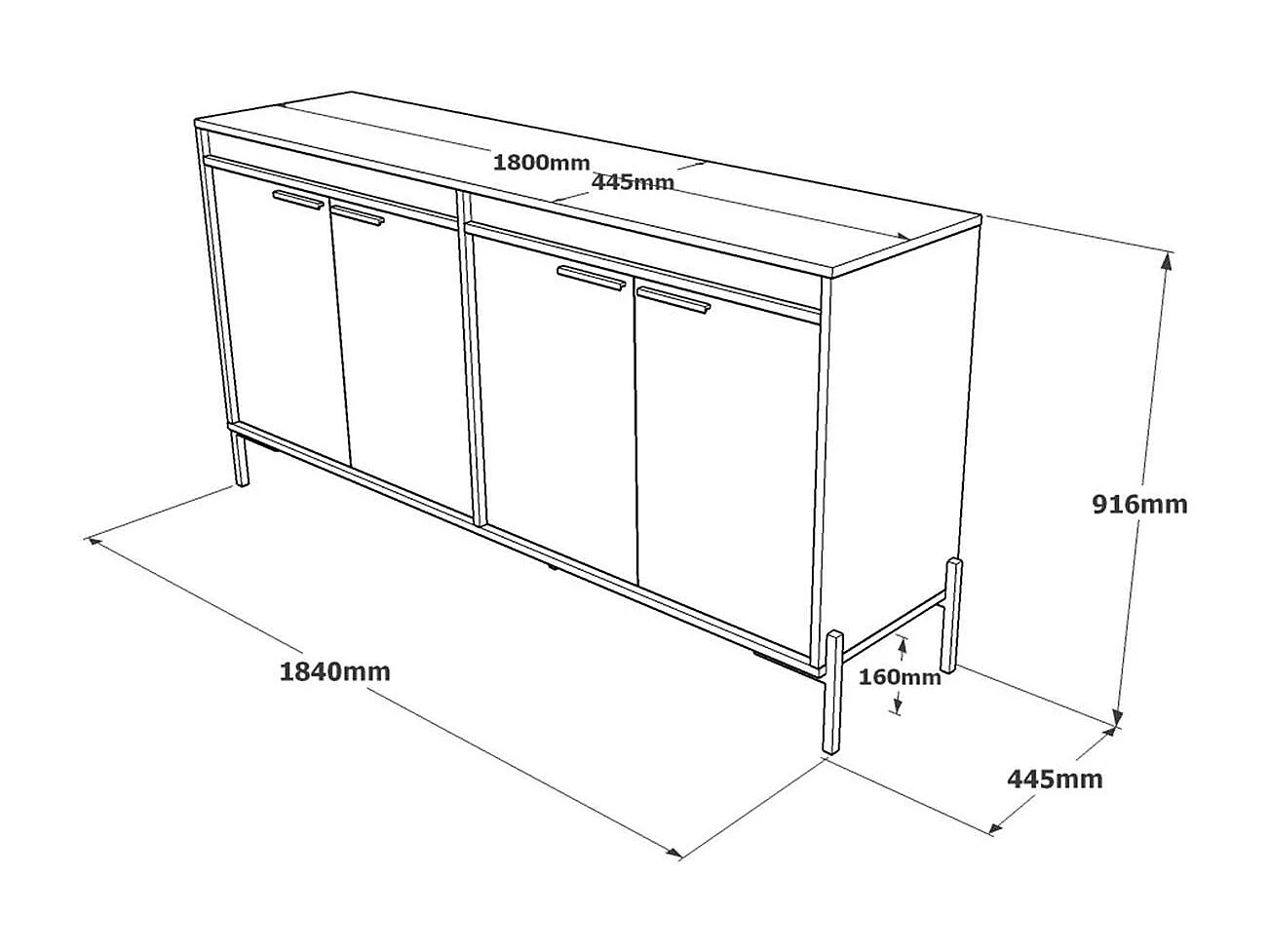 Buffet moderne 4 portes décor bois foncé, béton et gris JENA