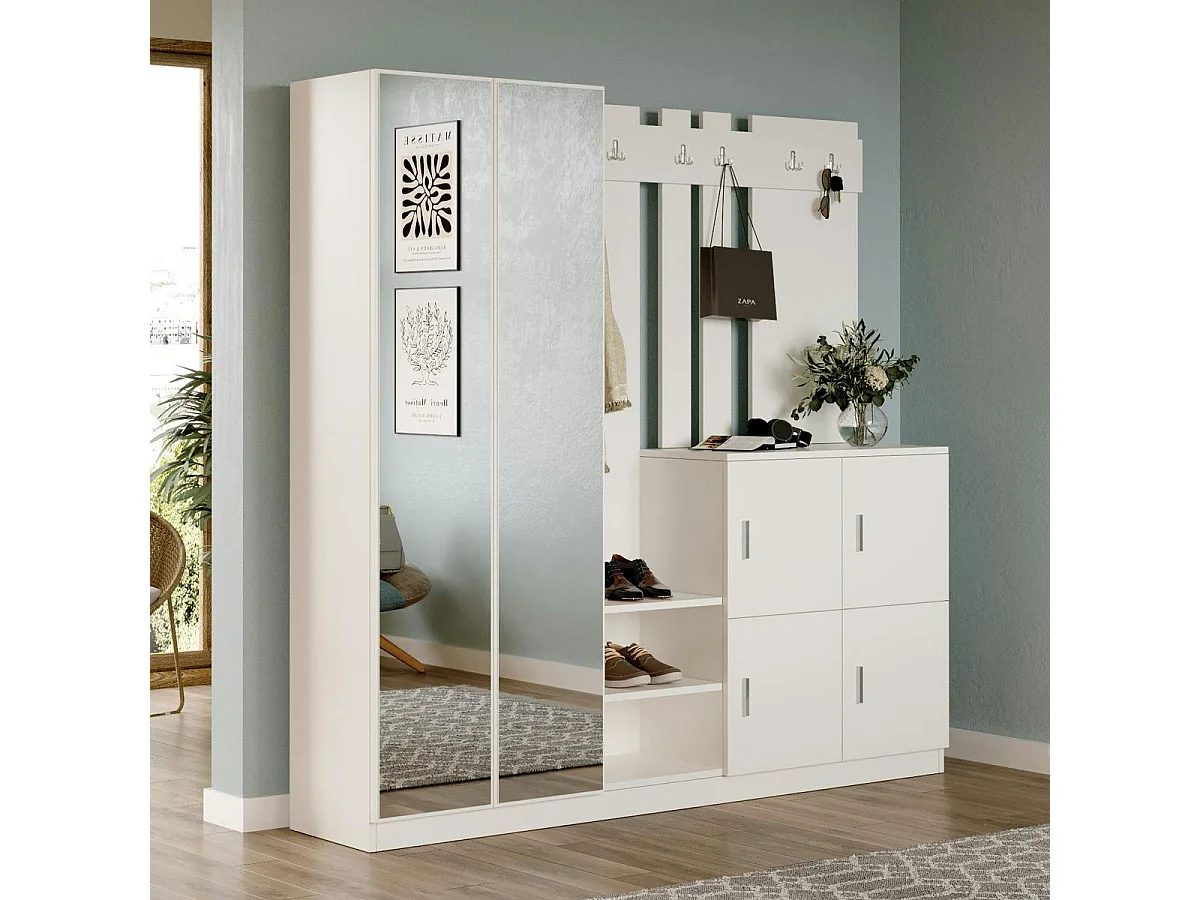 Vestiaire d’entrée blanc 1 miroir 4 portes 6 crochets MARFA