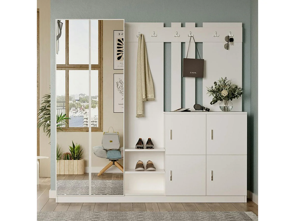 Vestiaire d’entrée blanc 1 miroir 4 portes 6 crochets MARFA