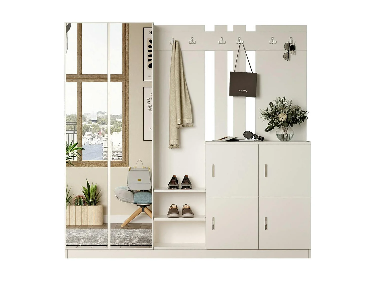 Vestiaire d’entrée blanc 1 miroir 4 portes 6 crochets MARFA