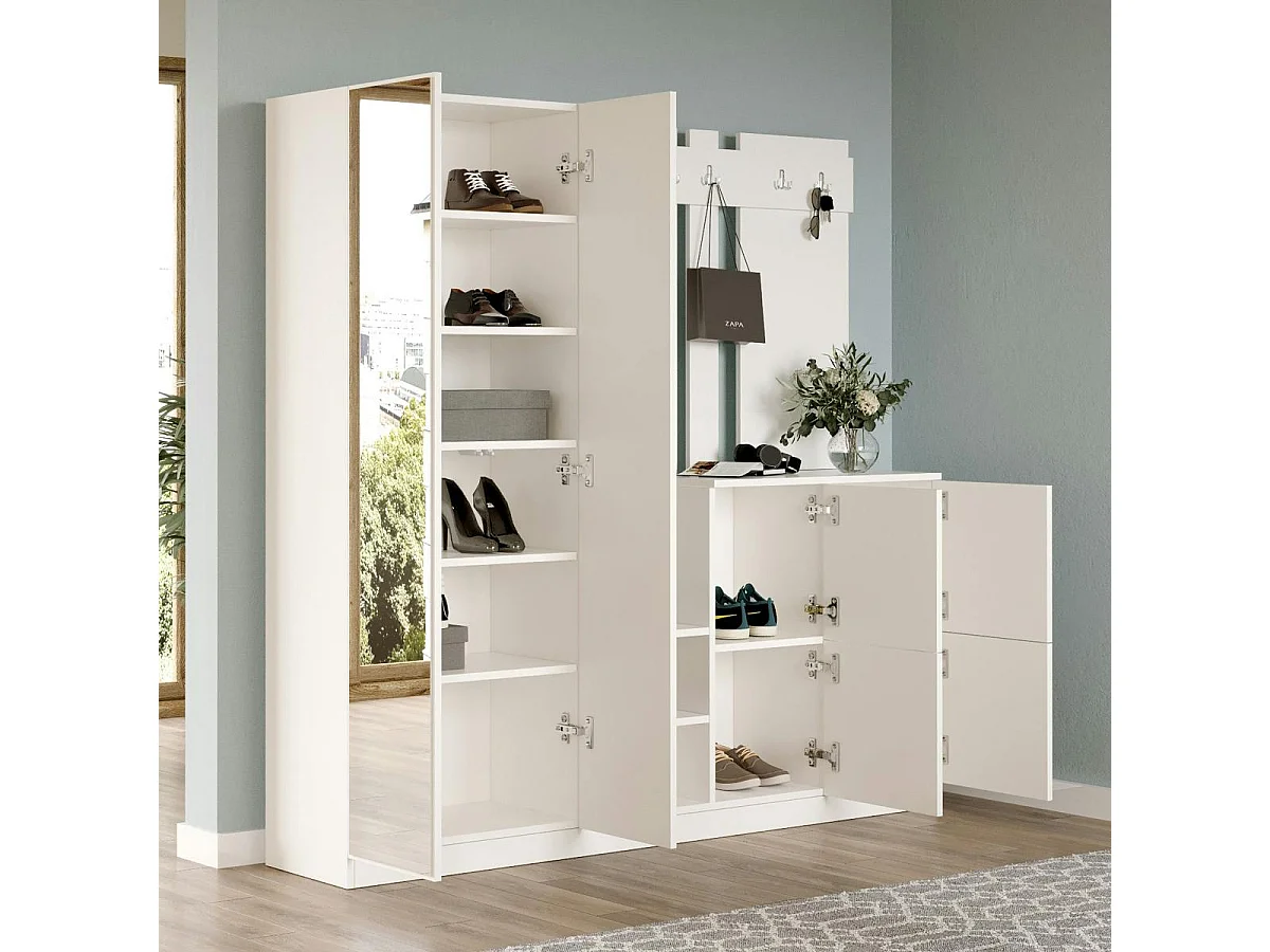 Vestiaire d’entrée blanc 1 miroir 4 portes 6 crochets MARFA