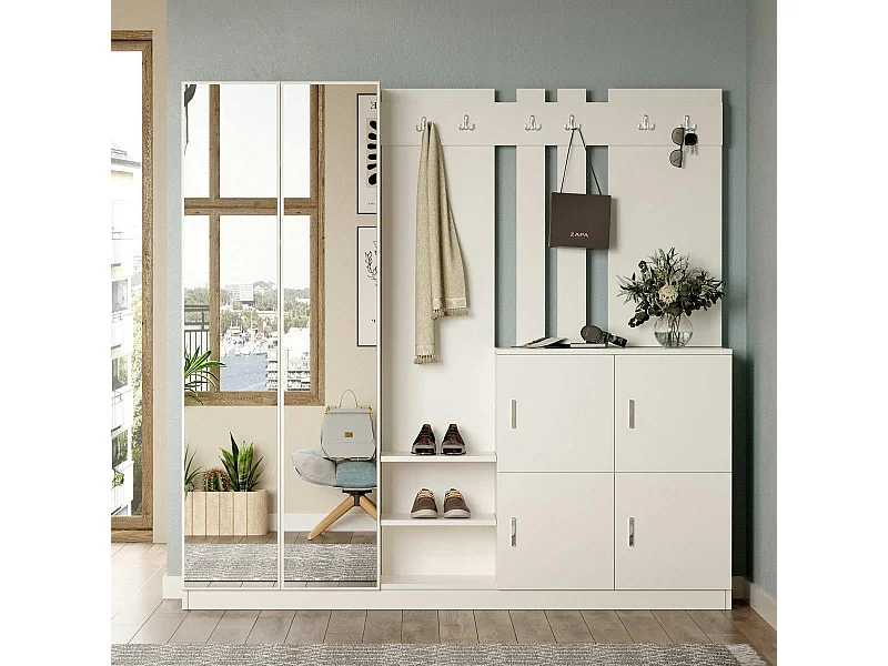 Vestiaire d’entrée blanc 1 miroir 4 portes 6 crochets MARFA