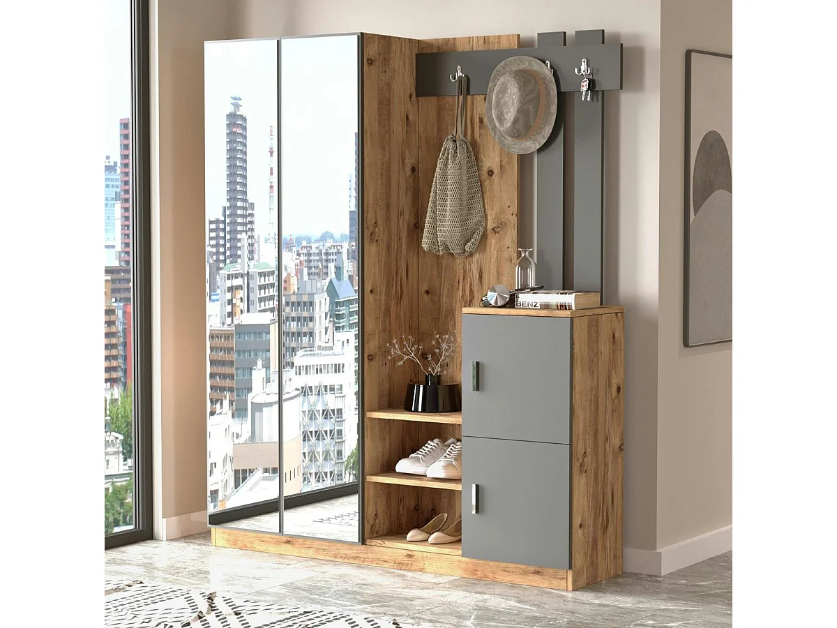 Grand vestiaire d'entrée décor gris et bois 1 miroir JENA