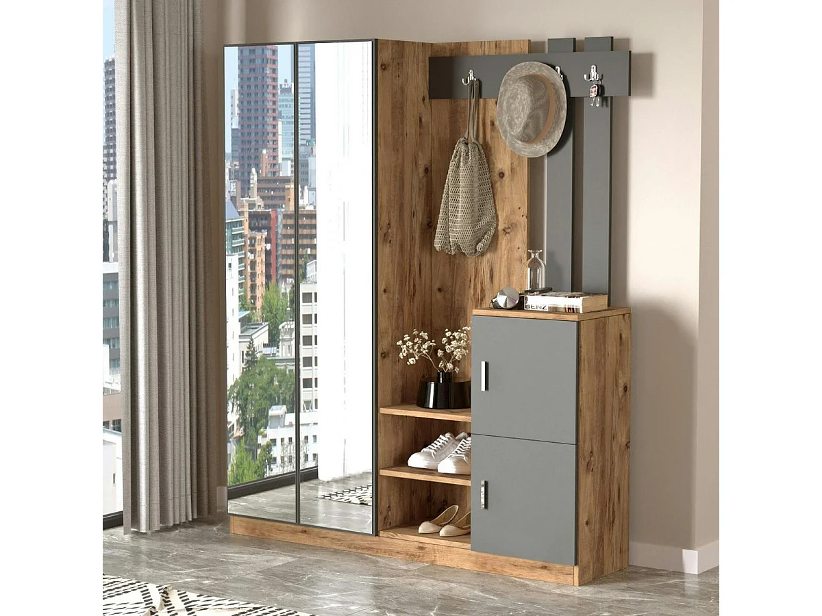 Grand vestiaire d'entrée décor gris et bois 1 miroir JENA