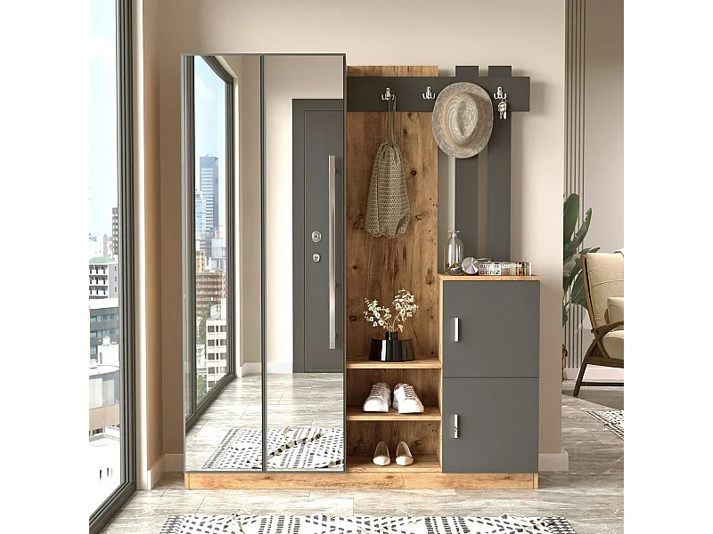 Grand vestiaire d'entrée décor gris et bois 1 miroir JENA