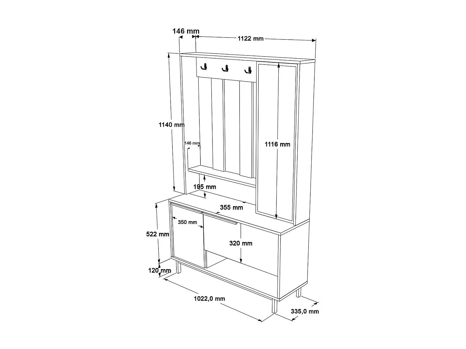 Vestiaire d'entrée scandinave 5 patères rangements bas JENA