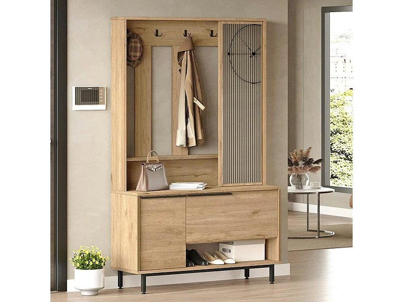Vestiaire d'entrée scandinave 5 patères rangements bas JENA