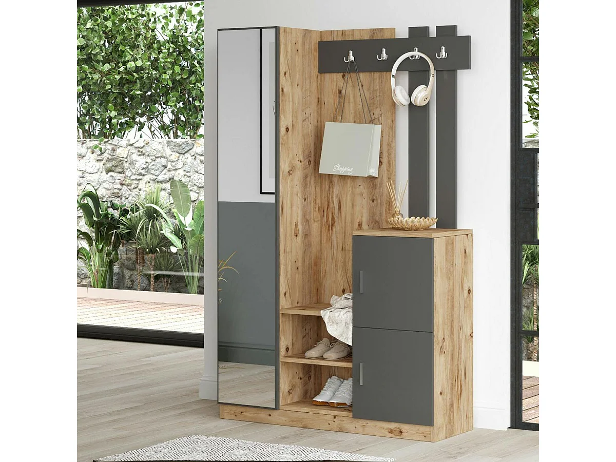 Vestiaire d’entrée 2 portes 1 miroir décor gris et bois MARFA