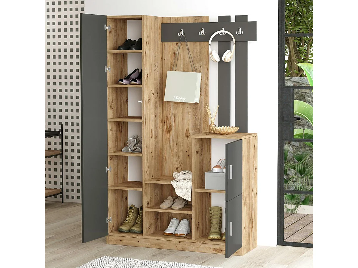 Vestiaire d’entrée 2 portes 1 miroir décor gris et bois MARFA