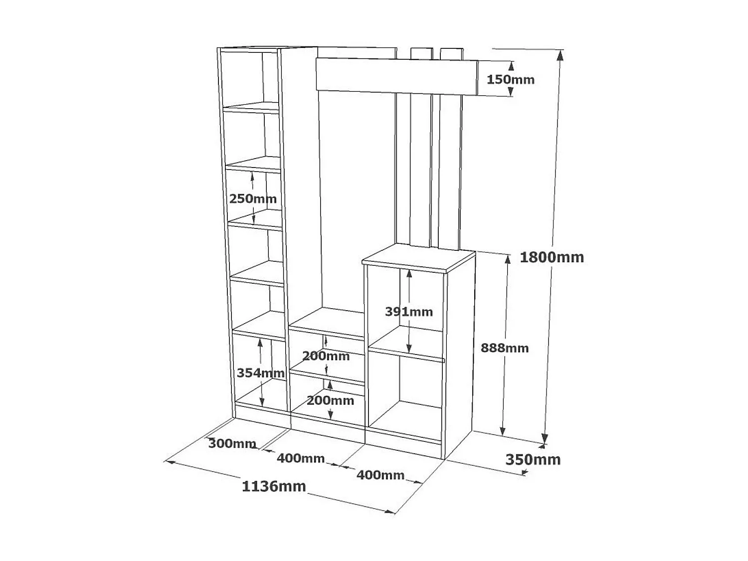 Vestiaire d’entrée 2 portes 1 miroir décor gris et bois MARFA