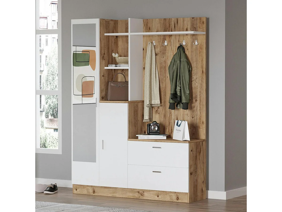 Grand vestiaire d’entrée décor blanc et bois 1 miroir JENA