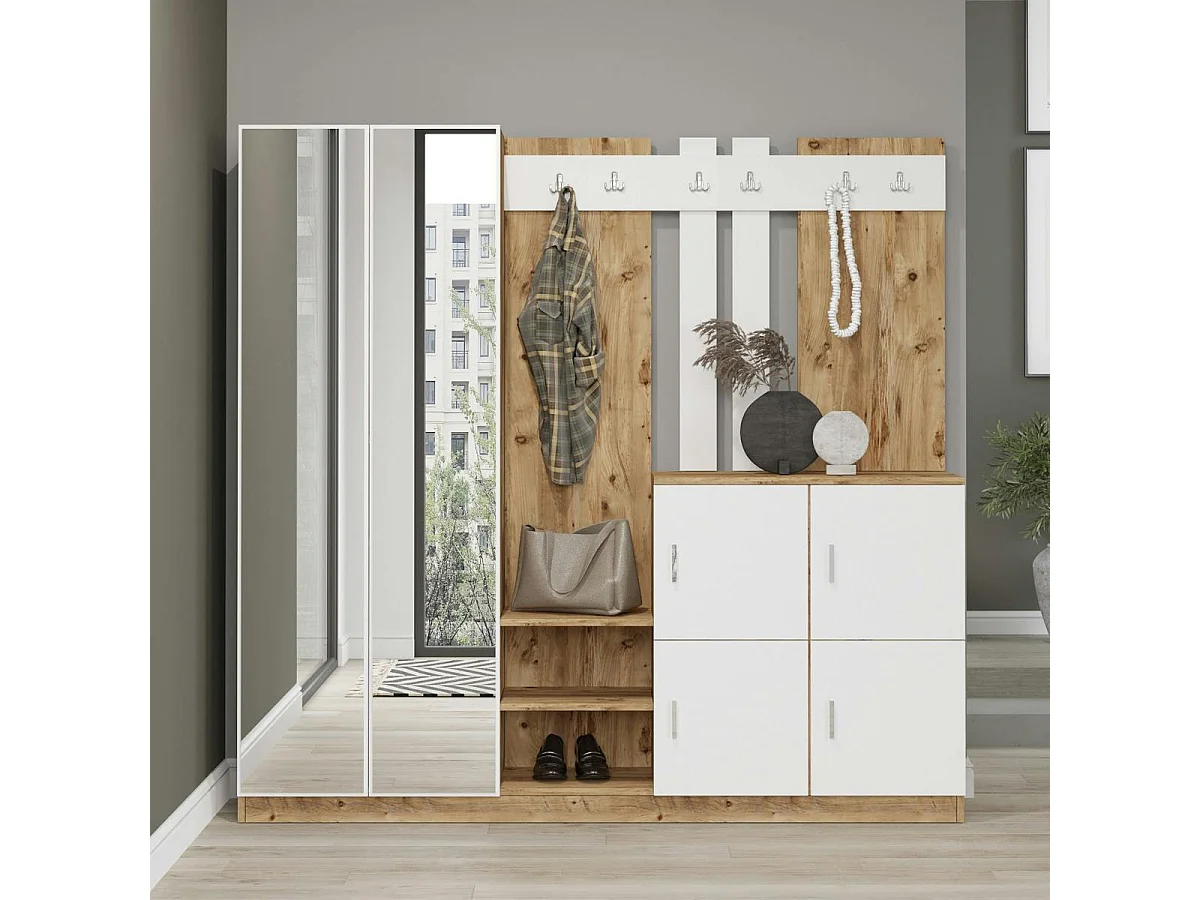 Vestiaire d'entrée 1 miroir 4 portes décor blanc bois MARFA