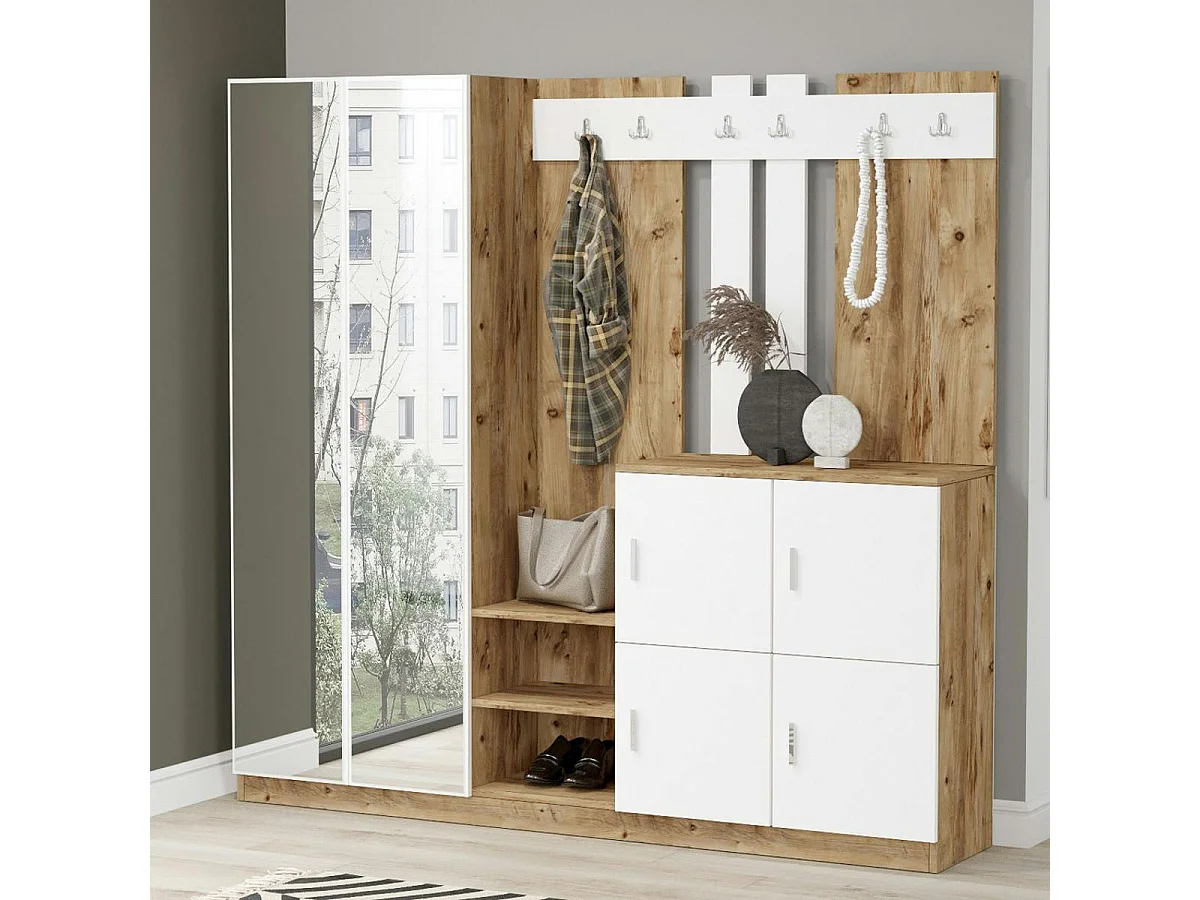 Vestiaire d'entrée 1 miroir 4 portes décor blanc bois MARFA