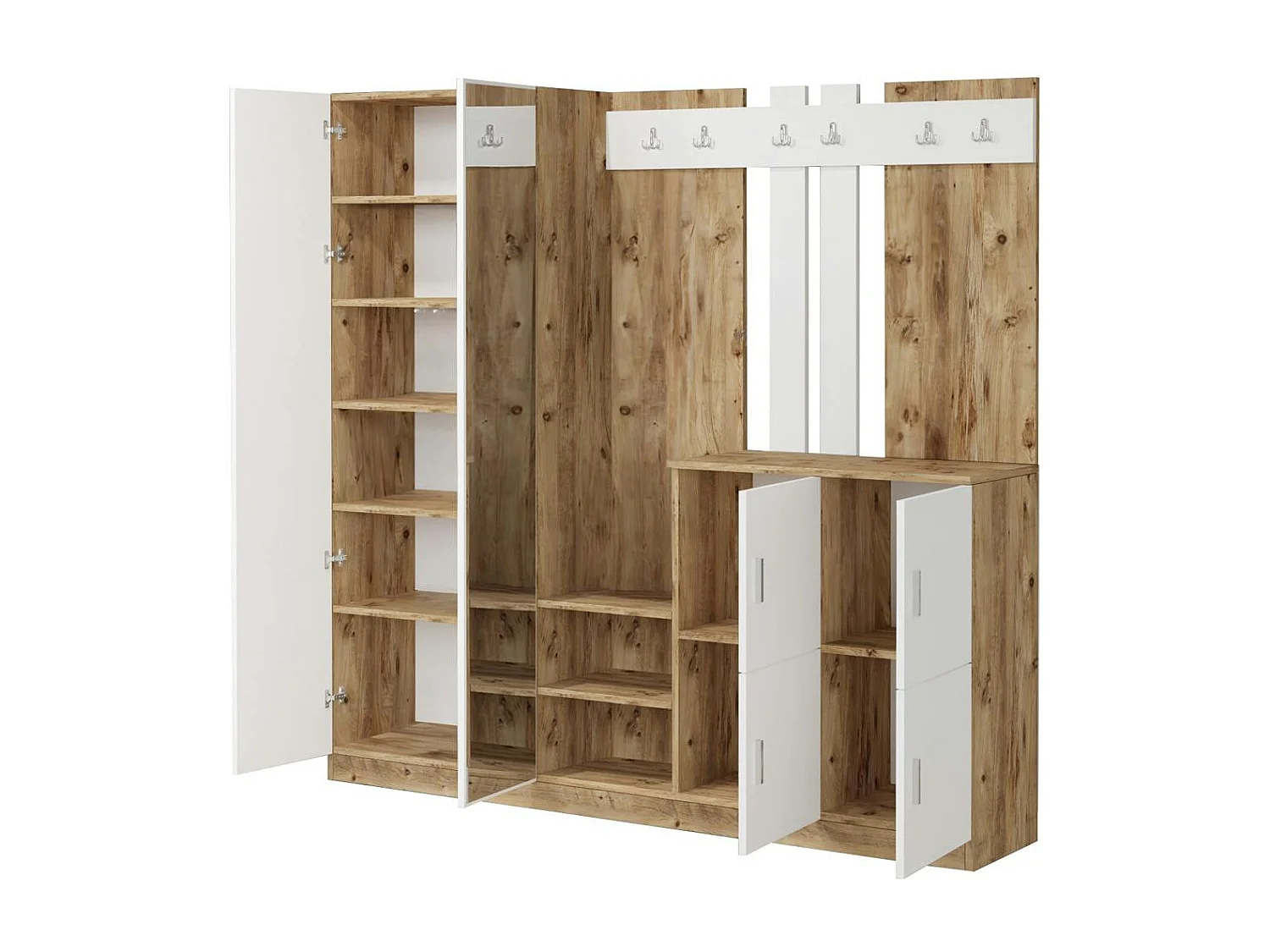 Vestiaire d'entrée 1 miroir 4 portes décor blanc bois MARFA