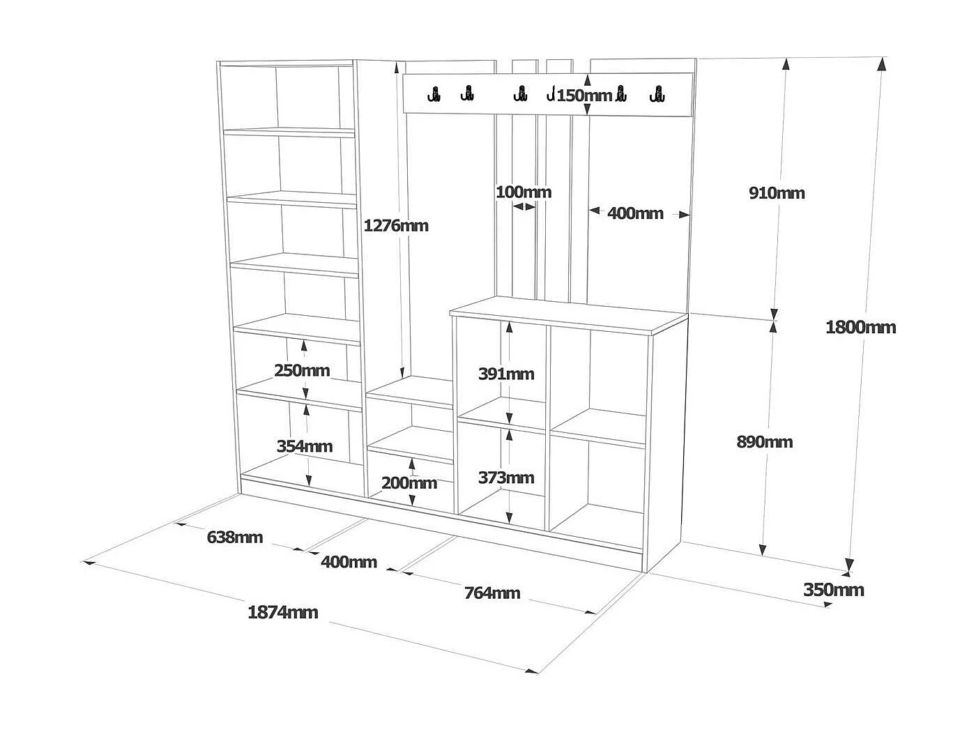 Vestiaire d'entrée 1 miroir 4 portes décor blanc bois MARFA