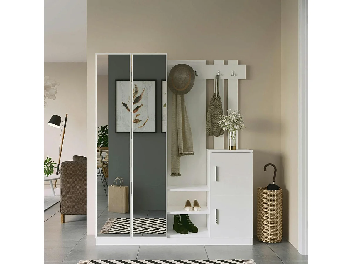 Grand vestiaire d'entrée blanc 3 portes 1 miroir JENA