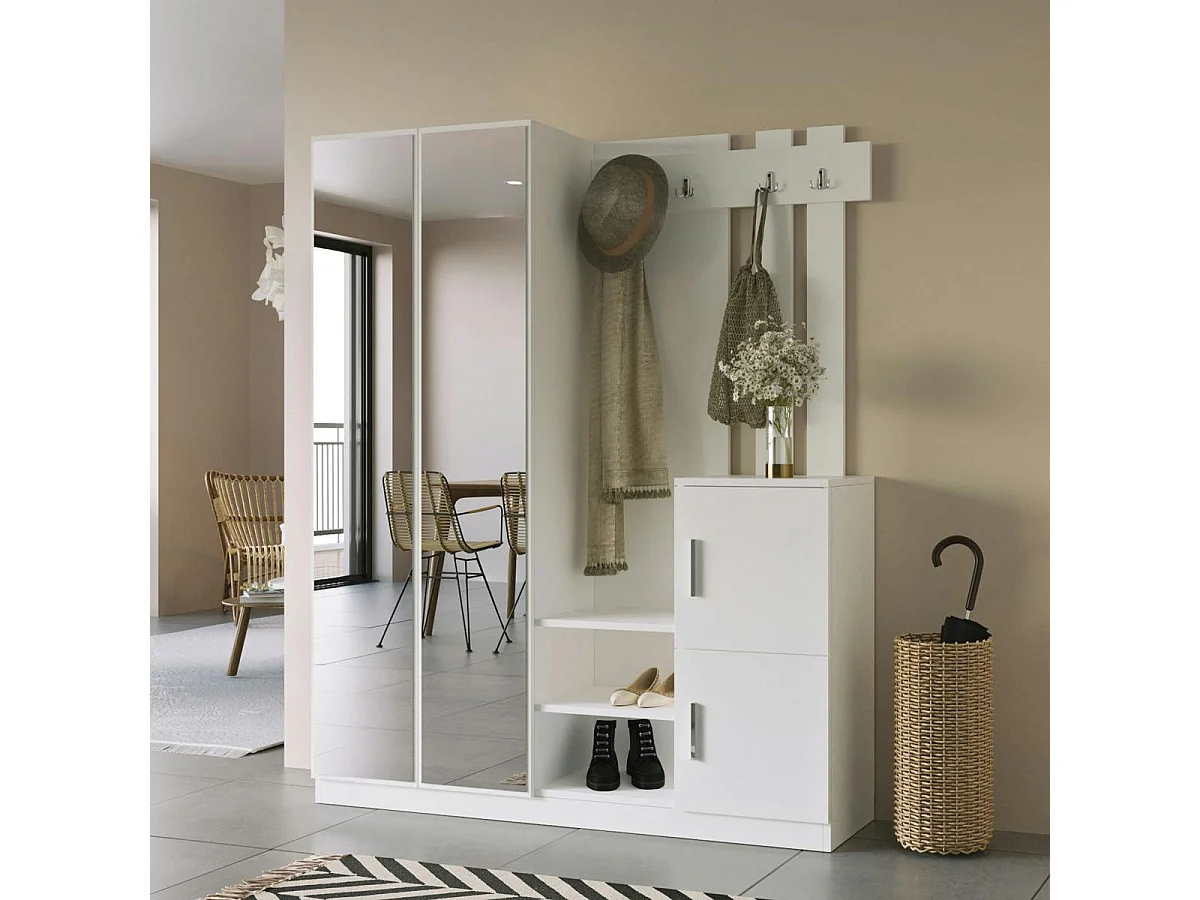 Grand vestiaire d'entrée blanc 3 portes 1 miroir JENA