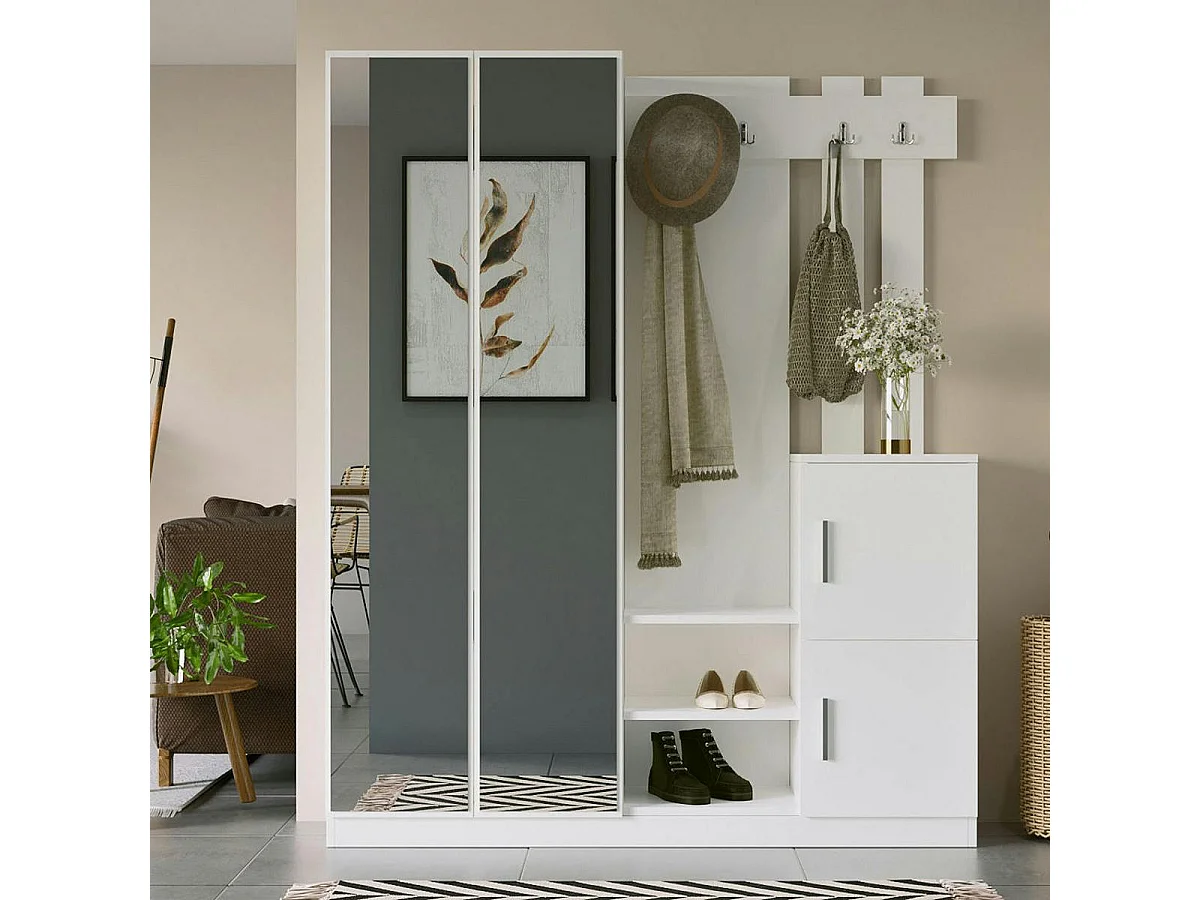 Grand vestiaire d'entrée blanc 3 portes 1 miroir JENA