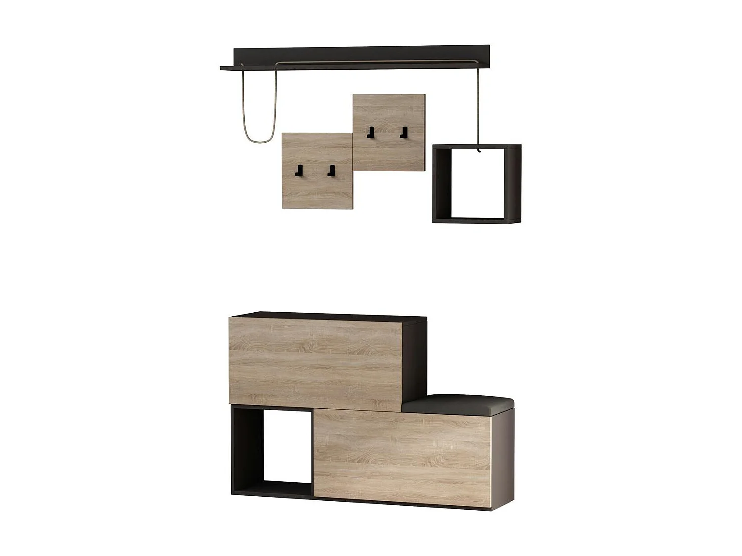 Vestiaire d’entrée design, banc et étagère graphiques MARFA