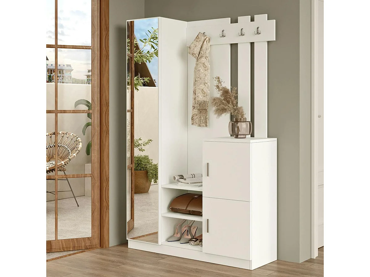 Vestiaire d’entrée blanc miroir et rangements fermés MARFA