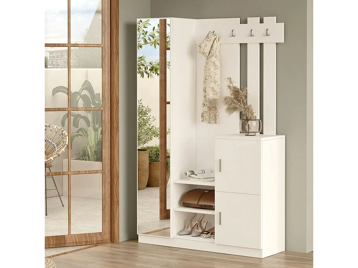 Vestiaire d’entrée blanc miroir et rangements fermés MARFA