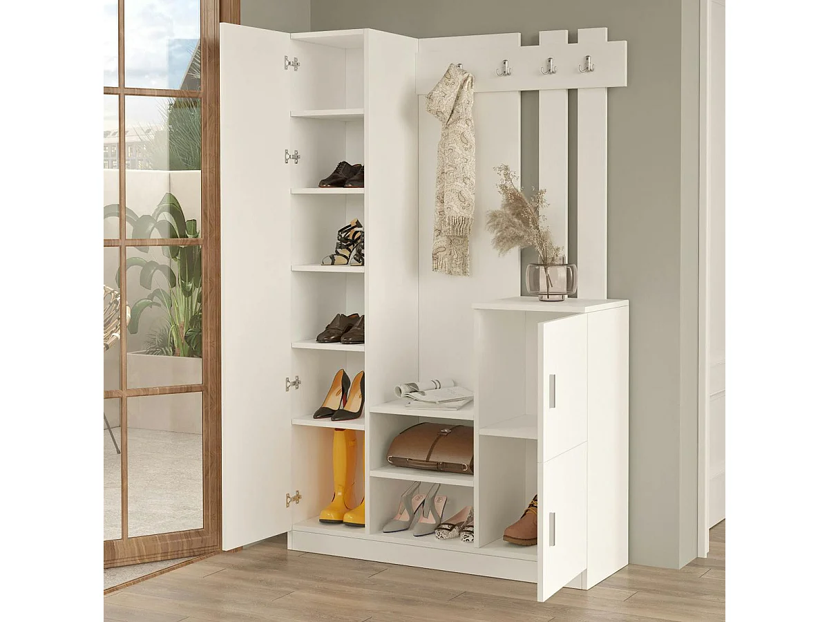 Vestiaire d’entrée blanc miroir et rangements fermés MARFA