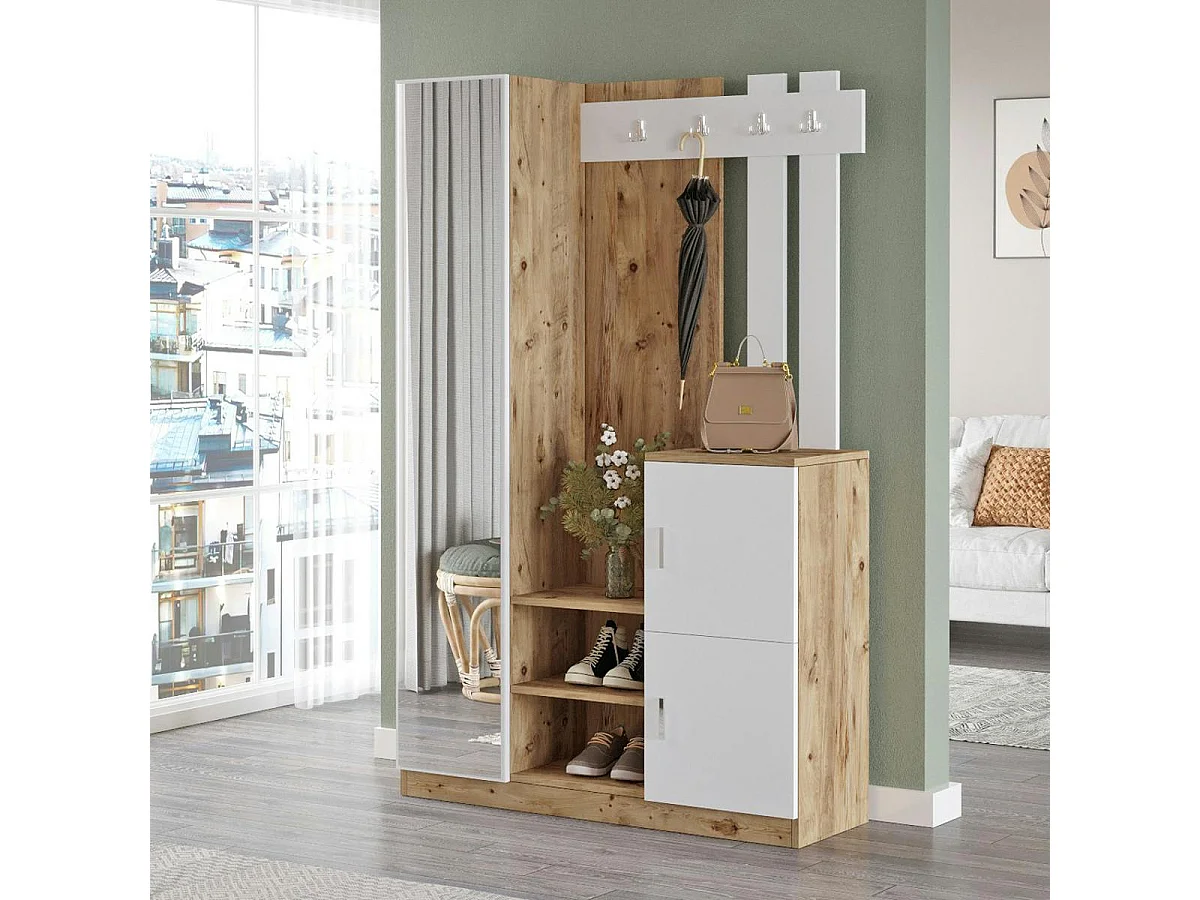 Vestiaire d’entrée 2 portes blanc et décor bois MARFA