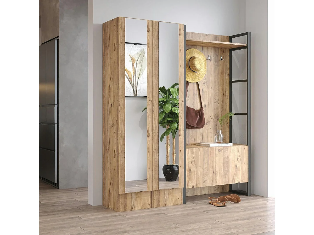 Grand vestiaire d'entrée rustique 3 portes 2 miroirs JENA