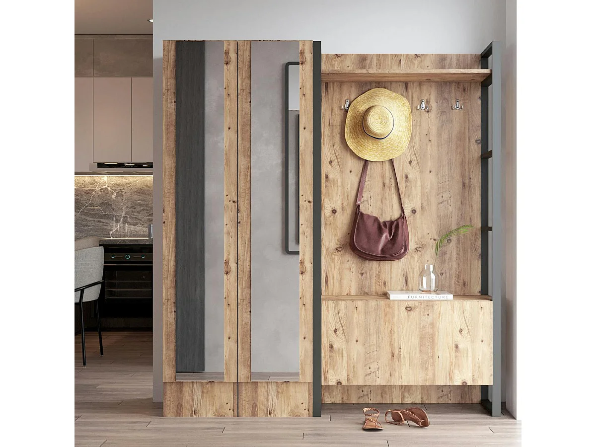 Grand vestiaire d'entrée rustique 3 portes 2 miroirs JENA