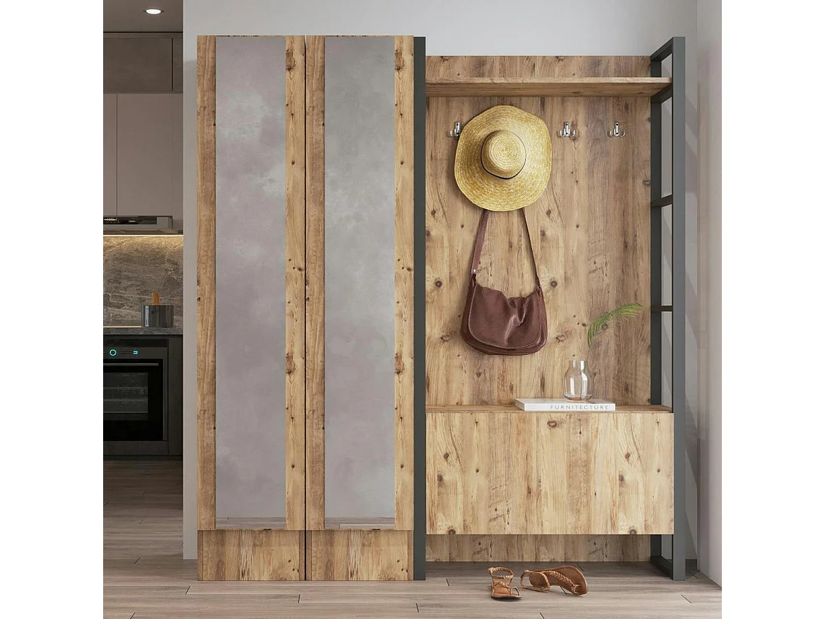 Grand vestiaire d'entrée rustique 3 portes 2 miroirs JENA