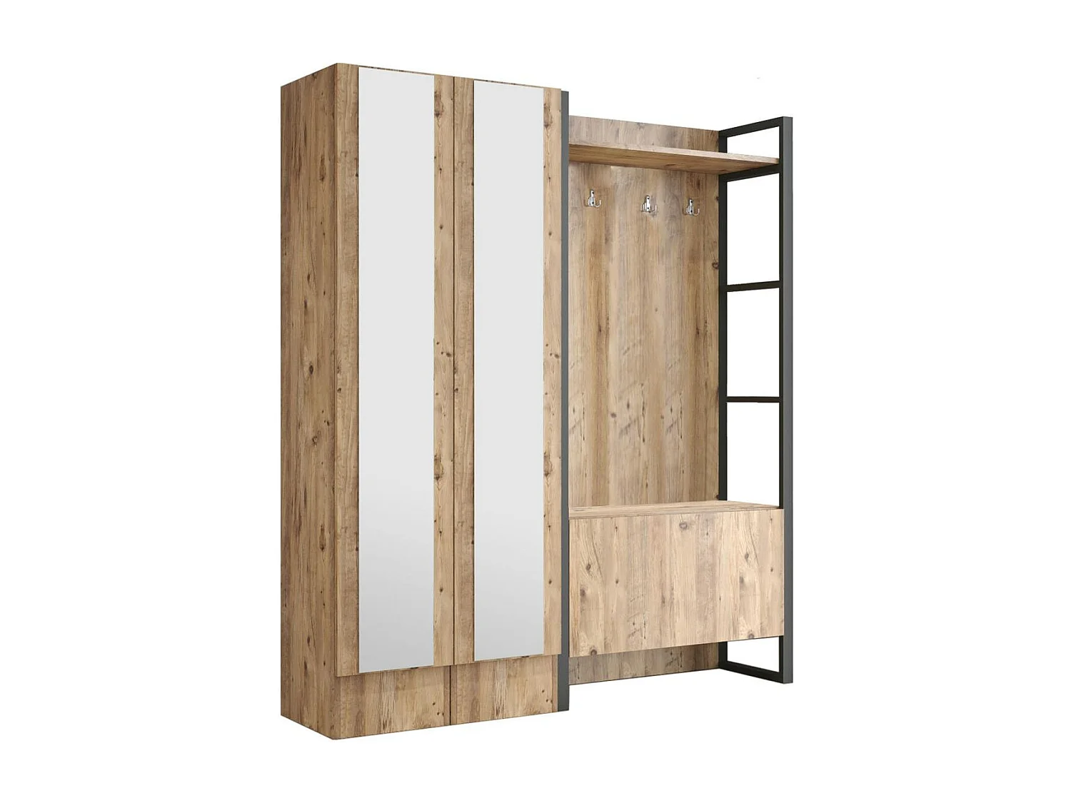 Grand vestiaire d'entrée rustique 3 portes 2 miroirs JENA