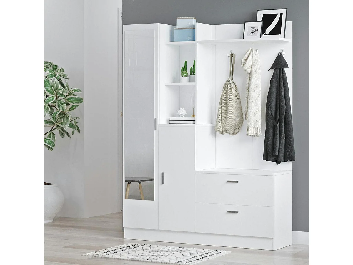 Grand vestiaire d’entrée blanc 4 portes 1 miroir JENA